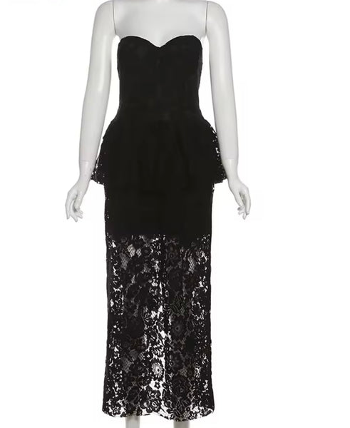 Women Black Sexy Strapless Lace Maxi Dress