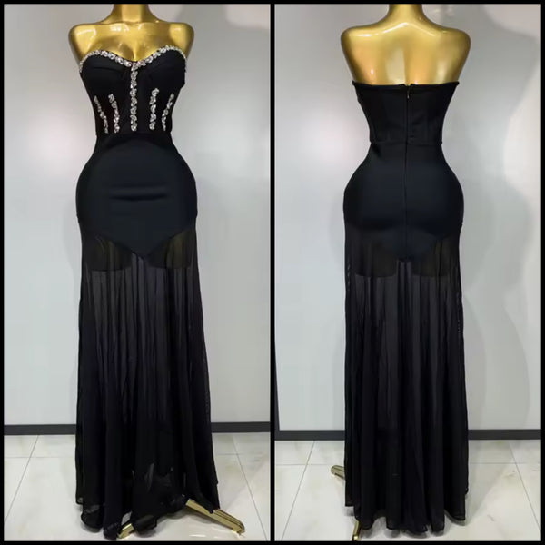 Women Black Sexy Rhinestone Strapless Mesh Patchwork Dress
