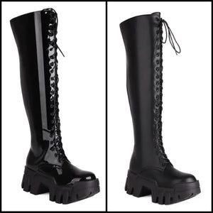 Women Black Faux/Patent Leather Lace Up Platform Knee High Boots