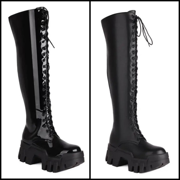 Women Black Faux/Patent Leather Lace Up Platform Knee High Boots