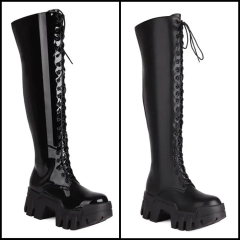 Women Black Faux/Patent Leather Lace Up Platform Knee High Boots