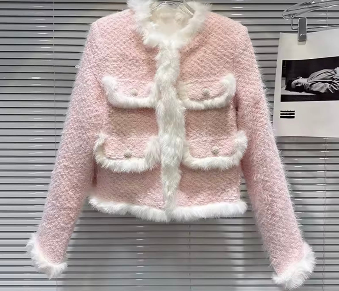 Women Pink Fur Patchwork Tweed Fashion Jacket