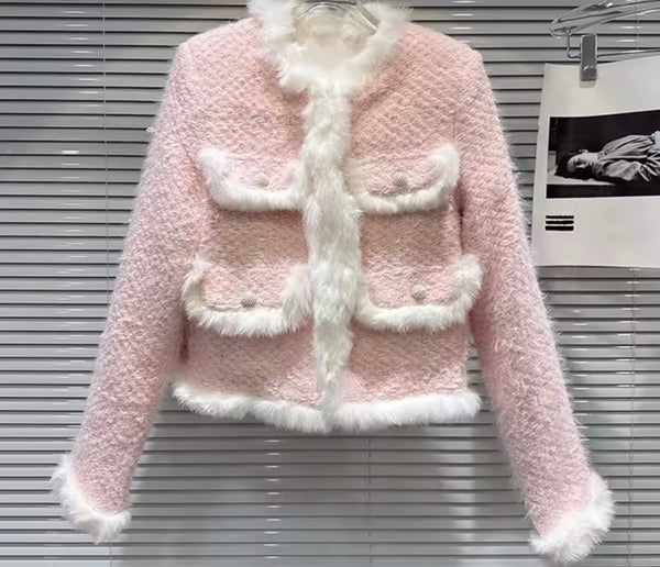 Women Pink Fur Patchwork Tweed Fashion Jacket
