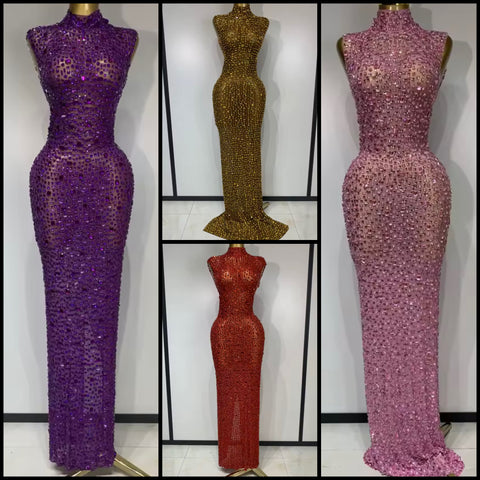 Women Sexy Sleeveless Color Crystal Mesh Maxi Dress