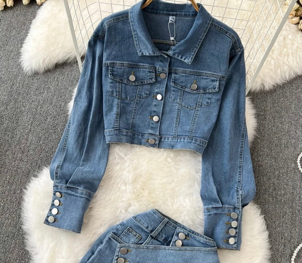 Women Full Sleeve Fashion Two Piece Denim Short Set