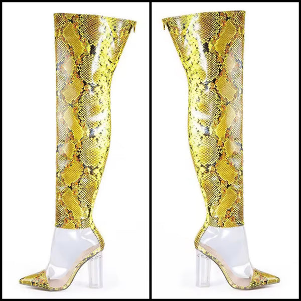 Women Fashion Yellow Animal Print Transparent Knee High Boots
