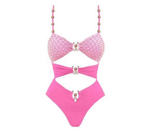 Women Sexy Color Printed Metal Cut Out Swimsuit Cover Up Set