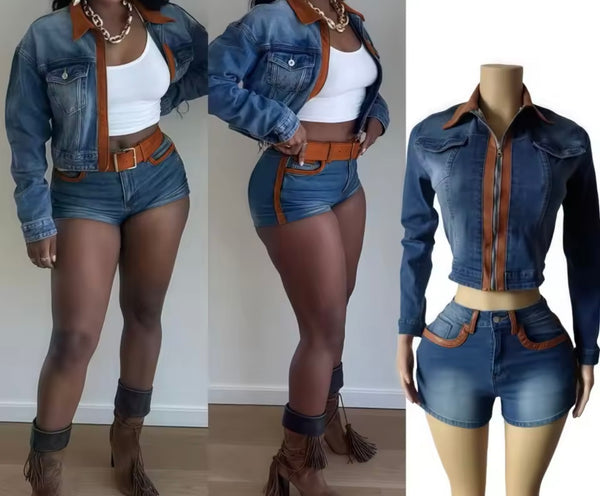 Women Fashion Brown Faux Leather Patchwork Denim Two Piece Short Set