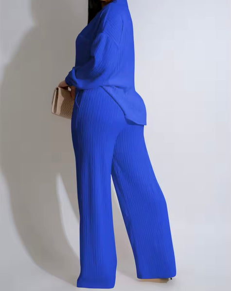 Women Button Up Ribbed Full Sleeve Two Piece Pant Set