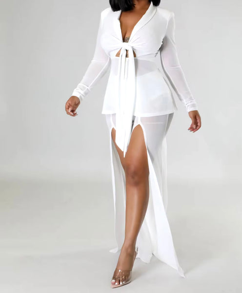 Women Sexy Full Sleeve Mesh Two Piece Split Pant Set