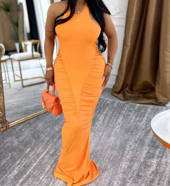 Women Sexy Color Sleeveless Ruched Maxi Dress