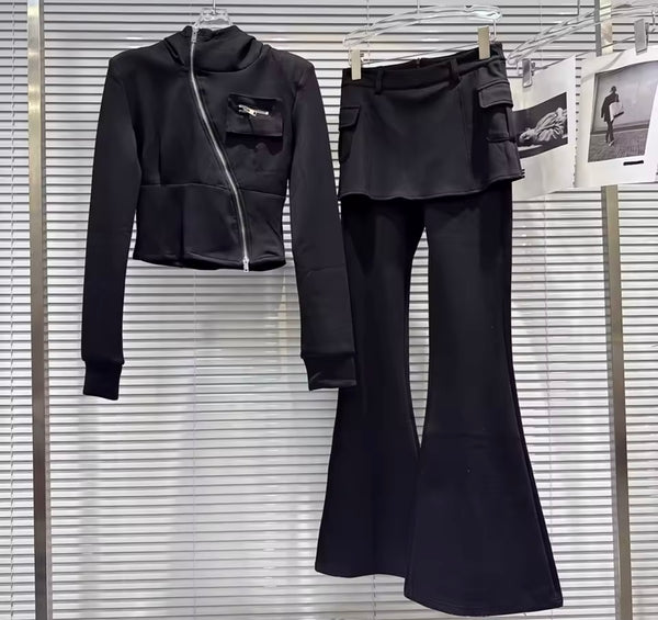 Women Zip Up Hooded Two Piece Tracksuit Wrap Pant Set
