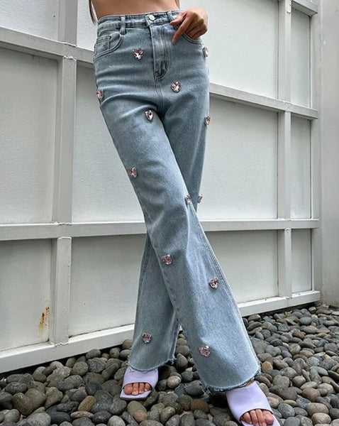 Women Fashion Pink Crystal Heart Patchwork Denim Pants