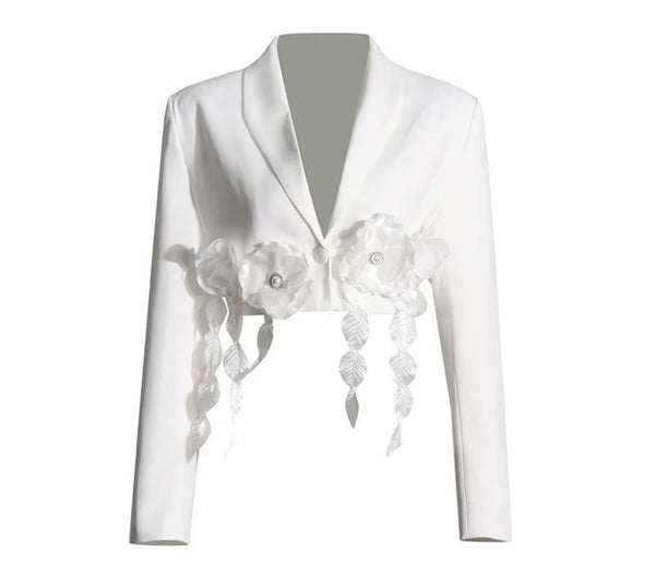 Women White Floral Patchwork Crop Blazer Top