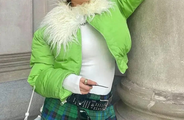 Women Fashion Green Furry Collar Puff Crop Jacket