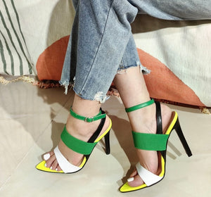 Women Fashion Color Patchwork Ankle Strap High Heel Sandals