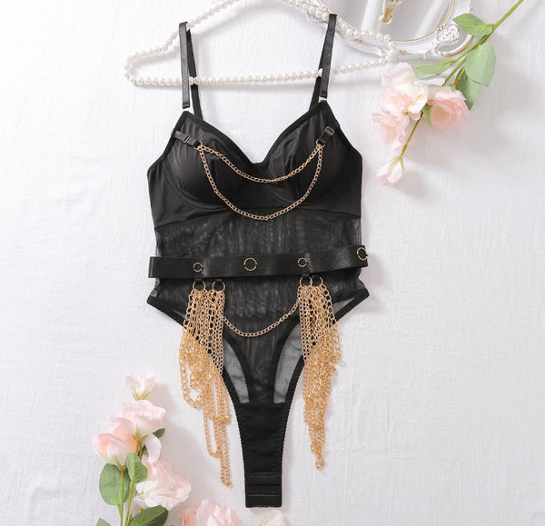 Women Black Sexy Mesh Patchwork Chain Bodysuit Lingerie
