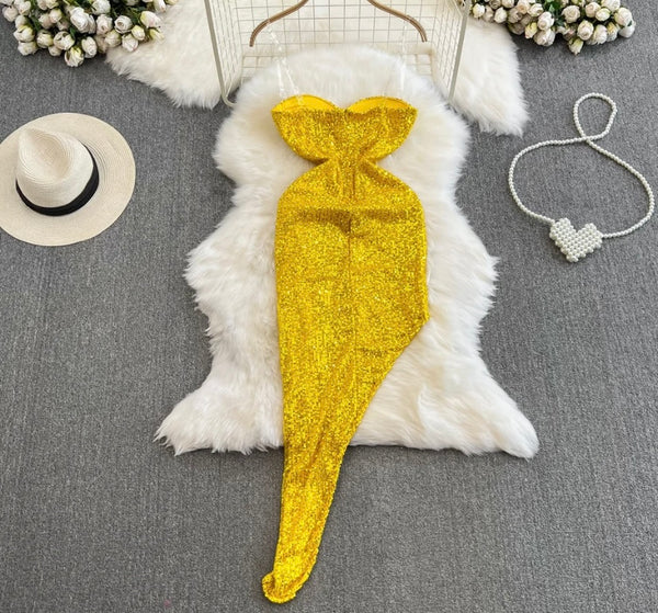 Women Yellow Sexy Strapless Sequins Asymmetrical Dress