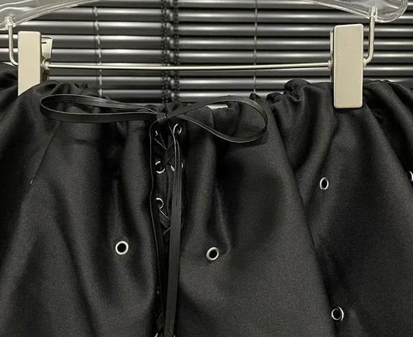 Women Sexy Black Lace Up Metal Hole Skirt