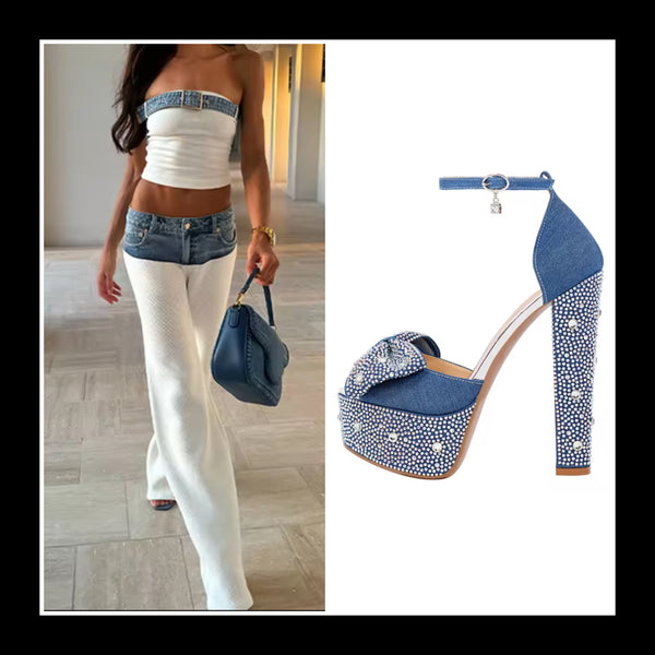 Women Buckled Strapless Denim Patchwork Two Piece Pant Set