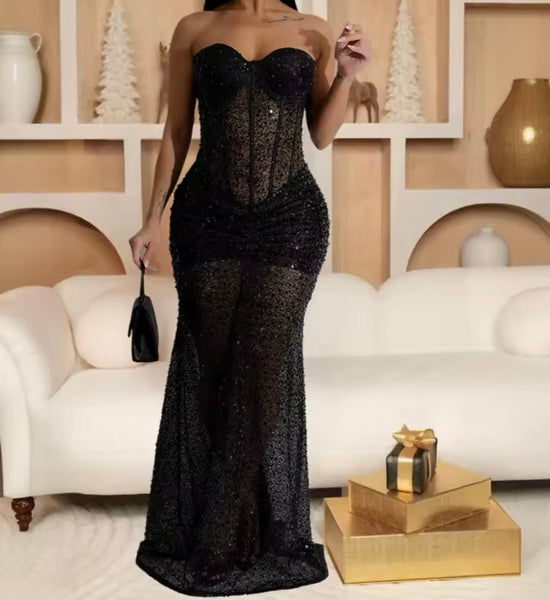 Women Black Strapless Sexy Sequins Mesh Maxi Dress