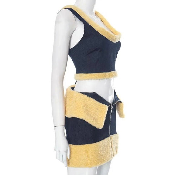 Women Fashion Wool Patchwork Denim Three Piece Skirt Set