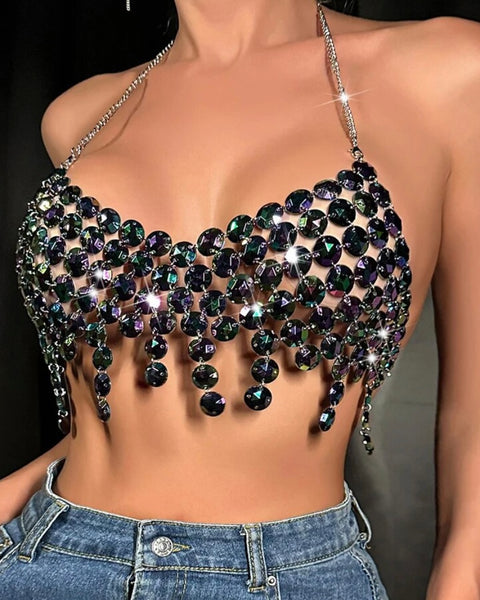 Women Sexy Gem Halter Sleeveless Crop Top