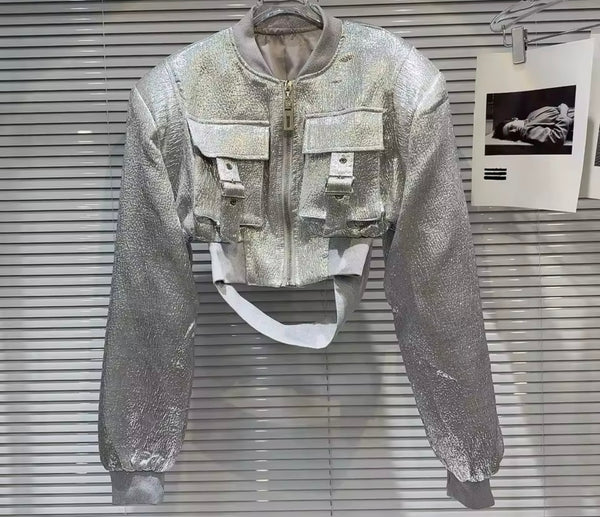 Women Color Fashion Buckled Zip Up Crop Jacket