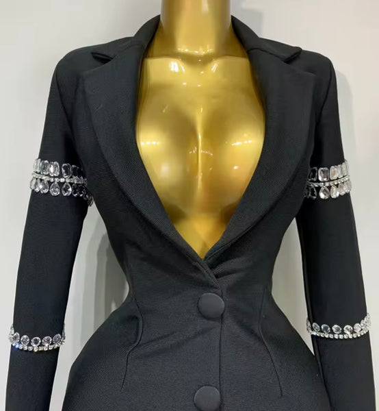 Women Sexy Black Button Up Crystal Full Sleeve Blazer Dress
