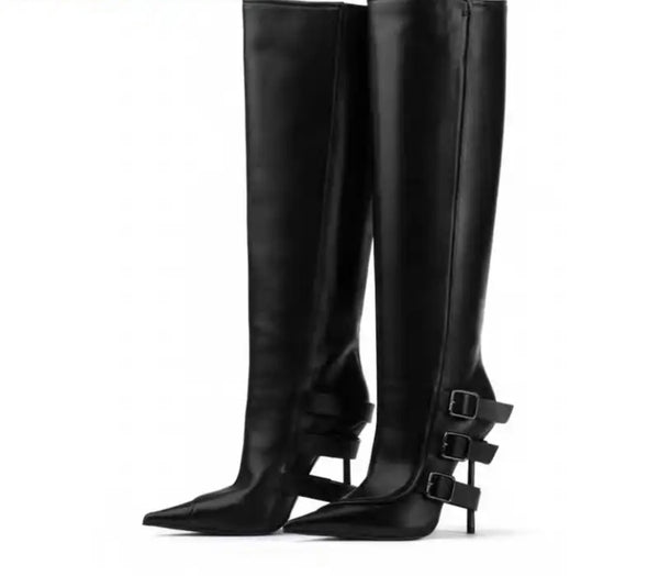 Women Black Buckled Pointed Toe Fashion Knee High Boots