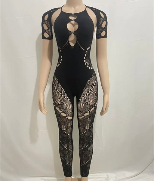 Women Sexy Short Sleeve Lace Bling Patchwork Jumpsuit