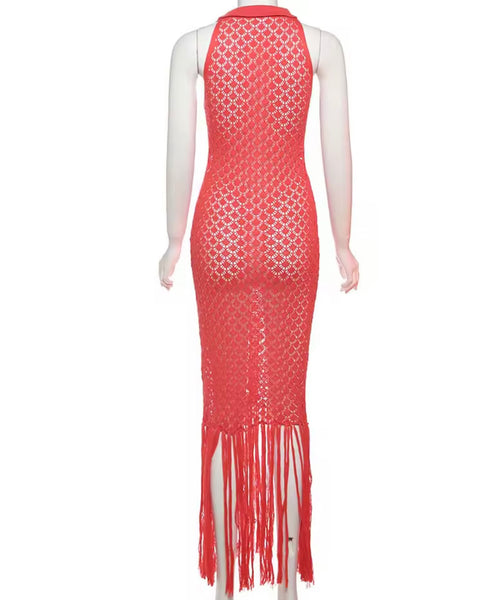 Women Sexy Halter Sleeveless Knitted Tassel Maxi Dress