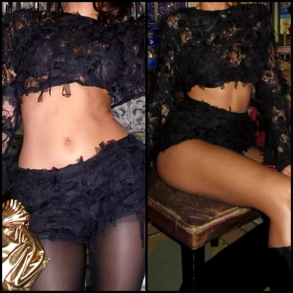 Women Sexy Black Mesh Full Sleeve Two Piece Short Set