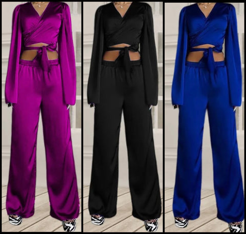 Women Sexy Solid Color Satin Full Sleeve Two Piece Pant Set