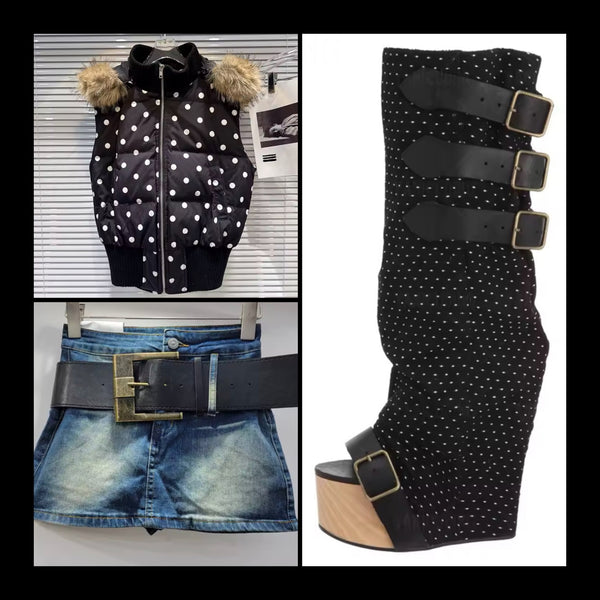 Women B&W Polka Dot Fur Hooded Zip Up Puff Vest Jacket