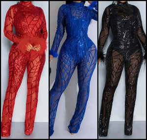 Women Sexy Feather Full Sleeve Sequins Mesh Patchwork Jumpsuit
