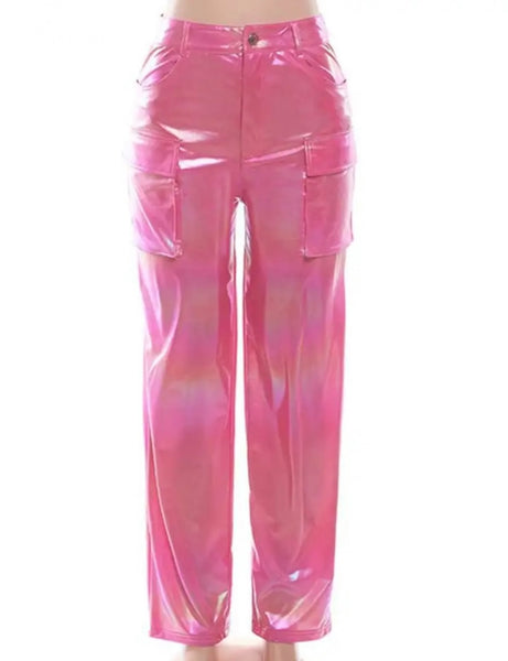 Women Pink Metallic Cargo Fashion PU Pants