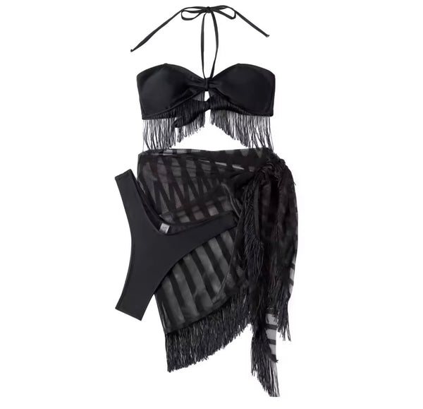 Women Sexy Halter Black Fringe Bikini Cover Up Set