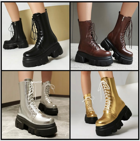 Women Fashion Platform Lace Up Faux Leather Ankle Boots