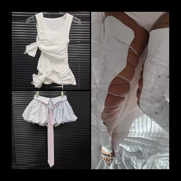 Women Sexy Fashion Color Patchwork Striped Tie Skirt