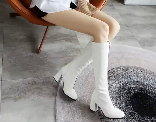 Women Color Zip Up Fashion Faux Leather Knee High Boots