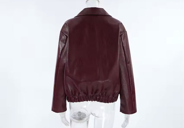 Women Color Zip Up Fashion Faux Leather Jacket
