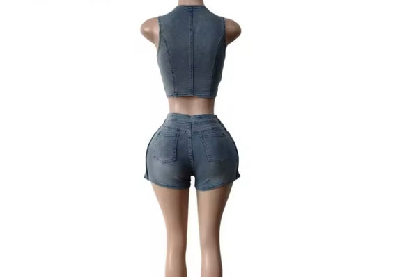 Women Fashion Denim Button Up Sleeveless Two Piece Wrap Short Set