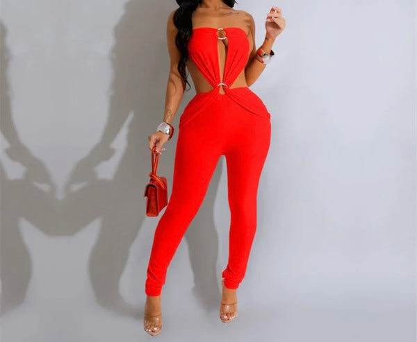 Women Sexy Solid Color Sleeveless Metal Cut Out Jumpsuit