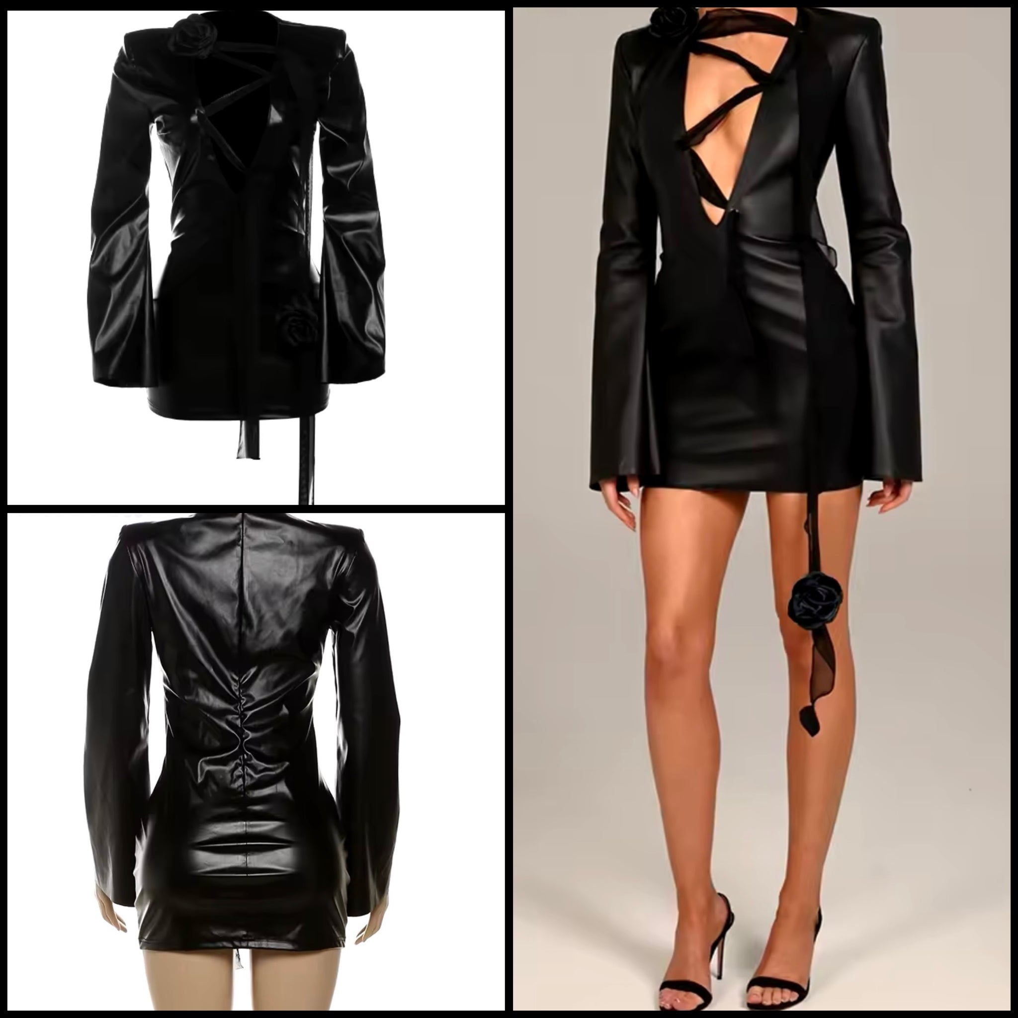 Women Sexy Black Faux Leather Lace Up Full Sleeve Dress