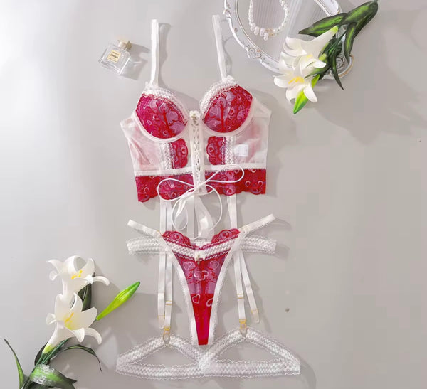 Women Sexy Color Patchwork Lace Up Lingerie Set
