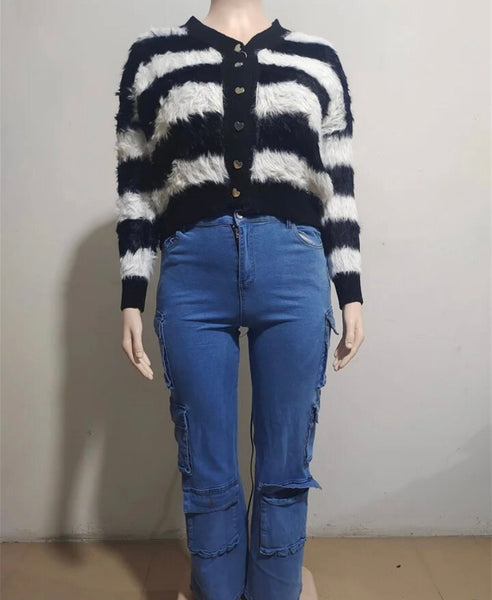 Women Fashion B&W Striped Button Up Full Sleeve Sweater Top