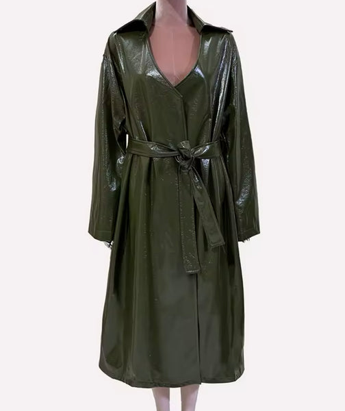 Women Fashion Green Faux Leather Belted Trench Jacket