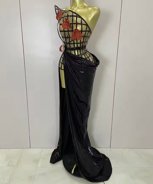 Women Sexy Strapless Glove 3D Floral Two Piece Maxi Skirt Set