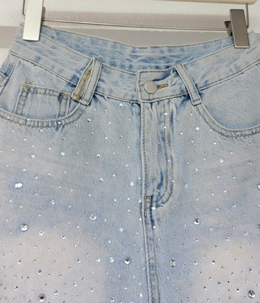 Women Fashion Bling Rhinestone Denim Shorts